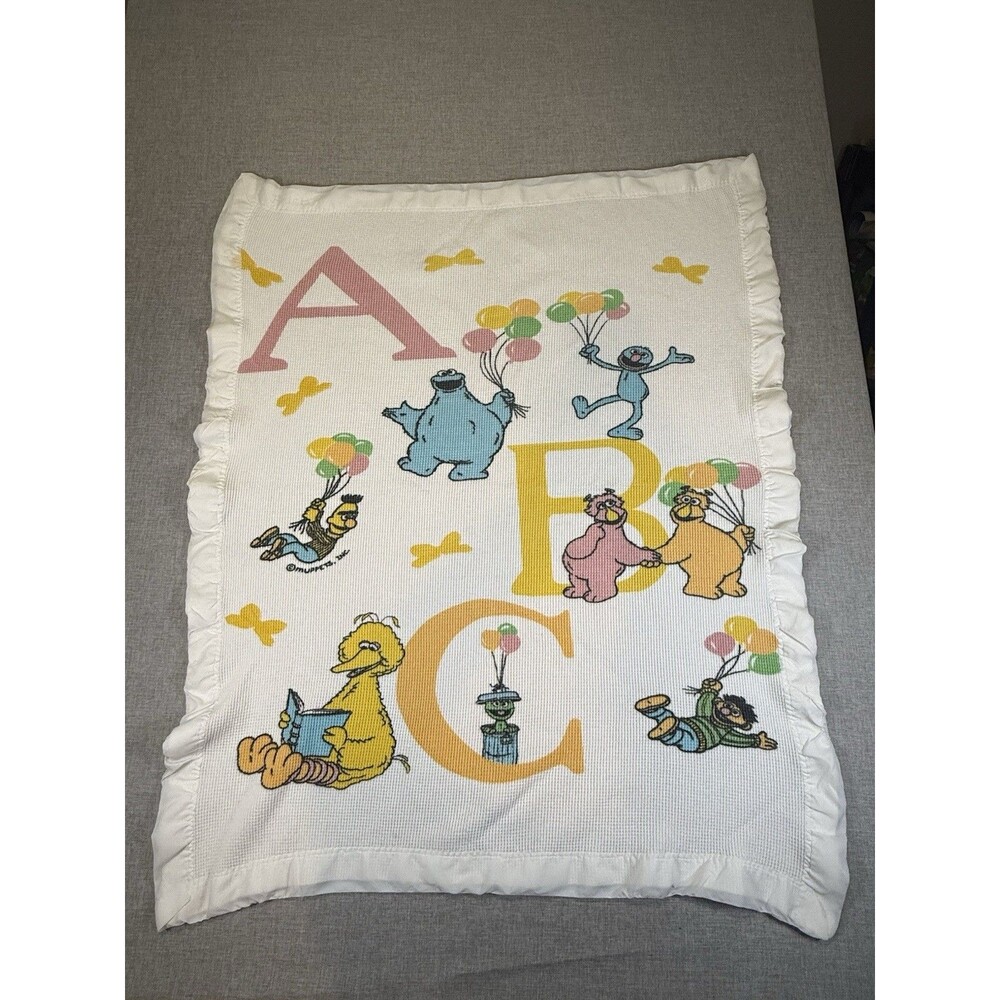 Vtg Sesame Street Baby Blanket Waffle Knit Satin Ruffle Trim ABC Muppets 33"x40"